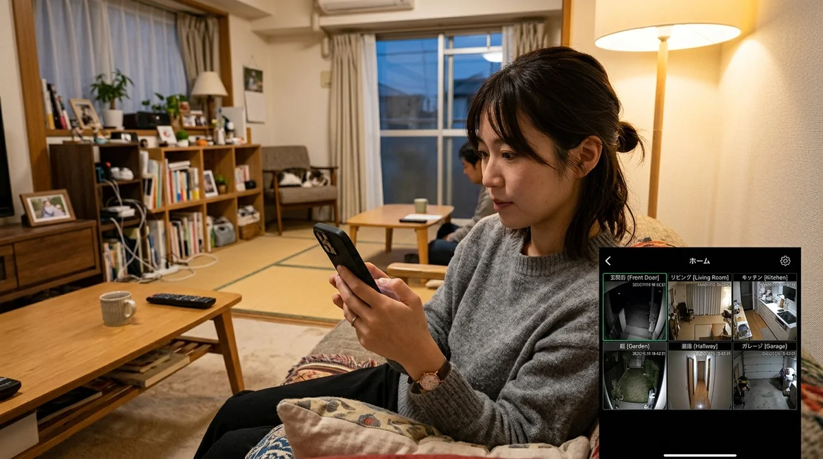 スマートフォンで防犯カメラの映像を確認している様子