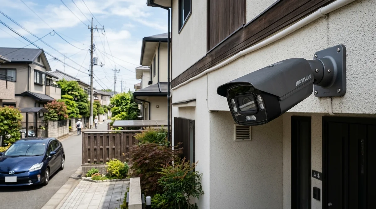 住宅の外壁に設置された屋外防犯カメラのクローズアップ