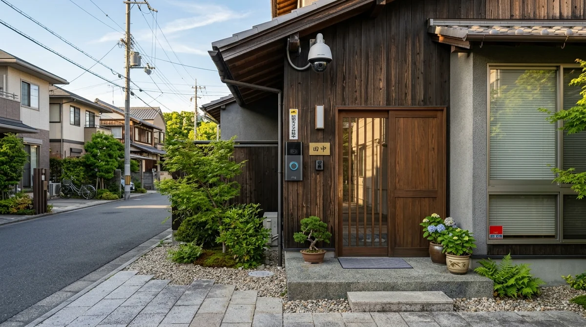 玄関にスマート防犯カメラとドアベルが設置された住宅の全体像