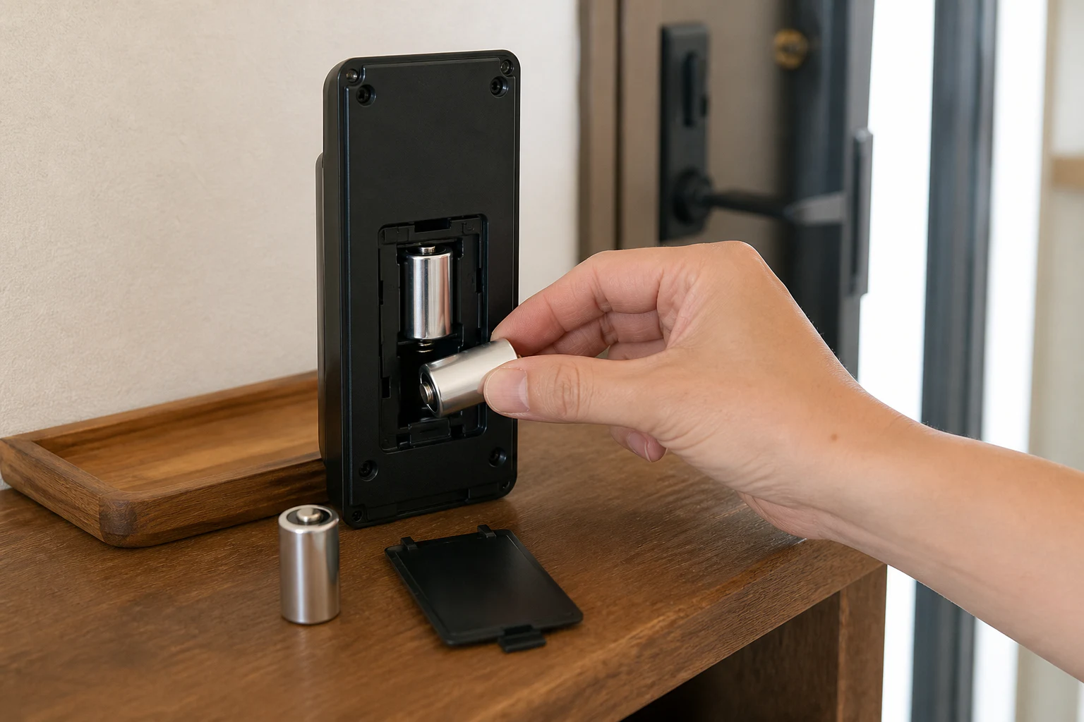 玄関の認証パネルの背面を開け、円筒形の電池を交換するメンテナンスイメージ