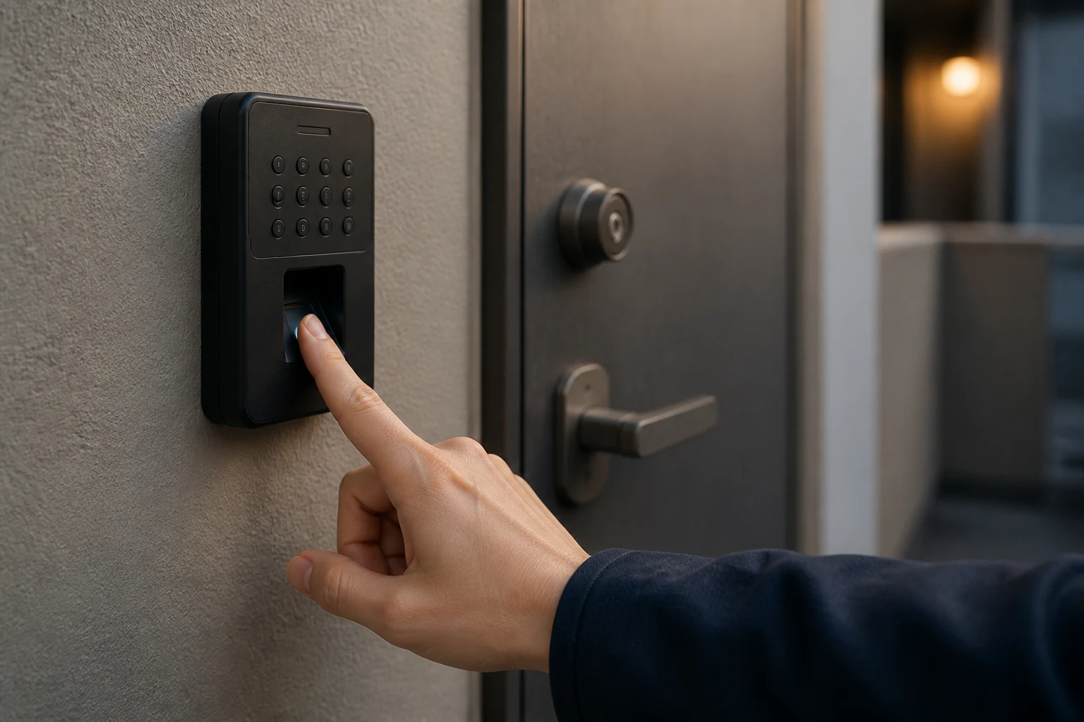 玄関脇の指紋センサーへ指を置く認証操作のイメージ