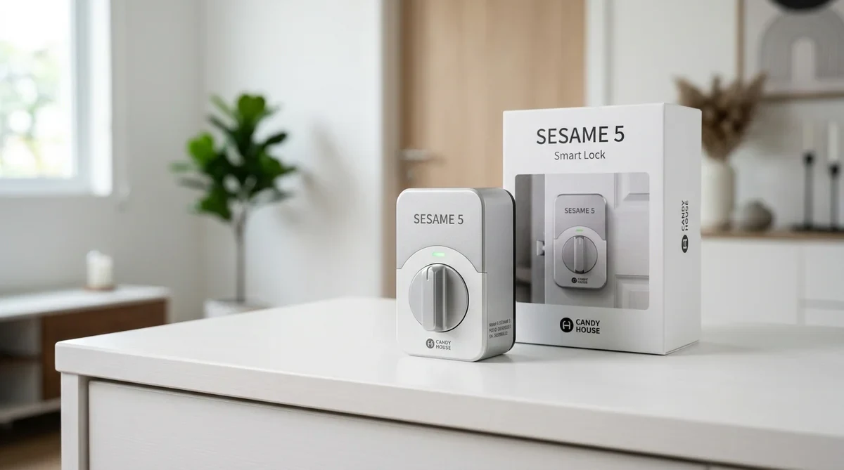 白い棚に置かれたSESAME 5本体と外箱