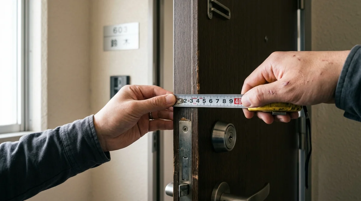 メジャーでドアの厚みを計測してスマートロック設置の可否を確認する手元