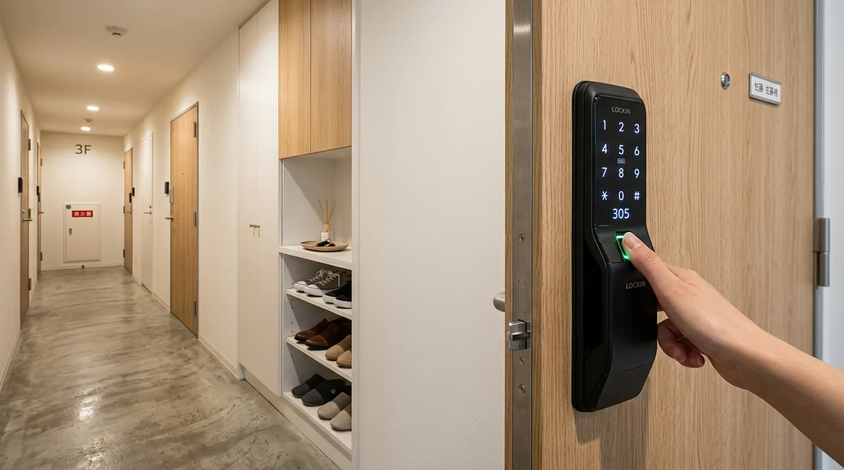 玄関ドアに設置されたスマートロックのキーパッドと指紋センサー