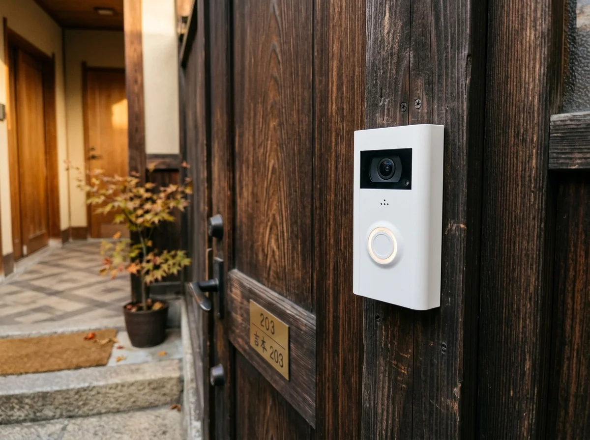 SwitchBotスマートテレビドアホンが玄関ドアに設置された様子