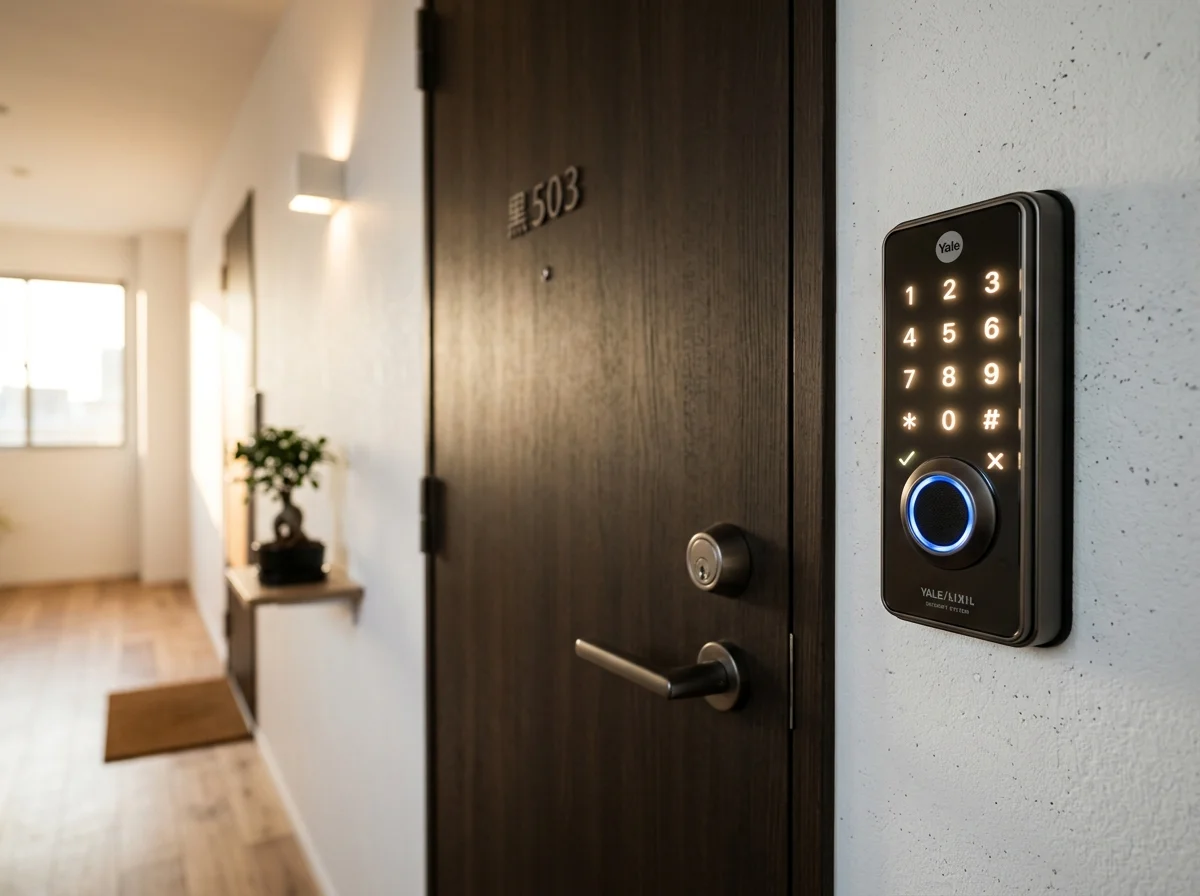 SwitchBot指紋認証パッドが日本のマンション玄関ドア横に設置された様子