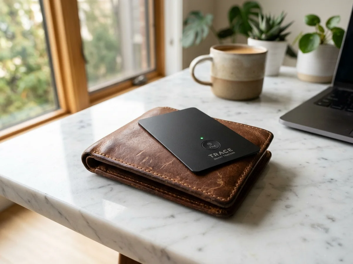 SwitchBotスマートトラッカーカードが財布の上に置かれた様子