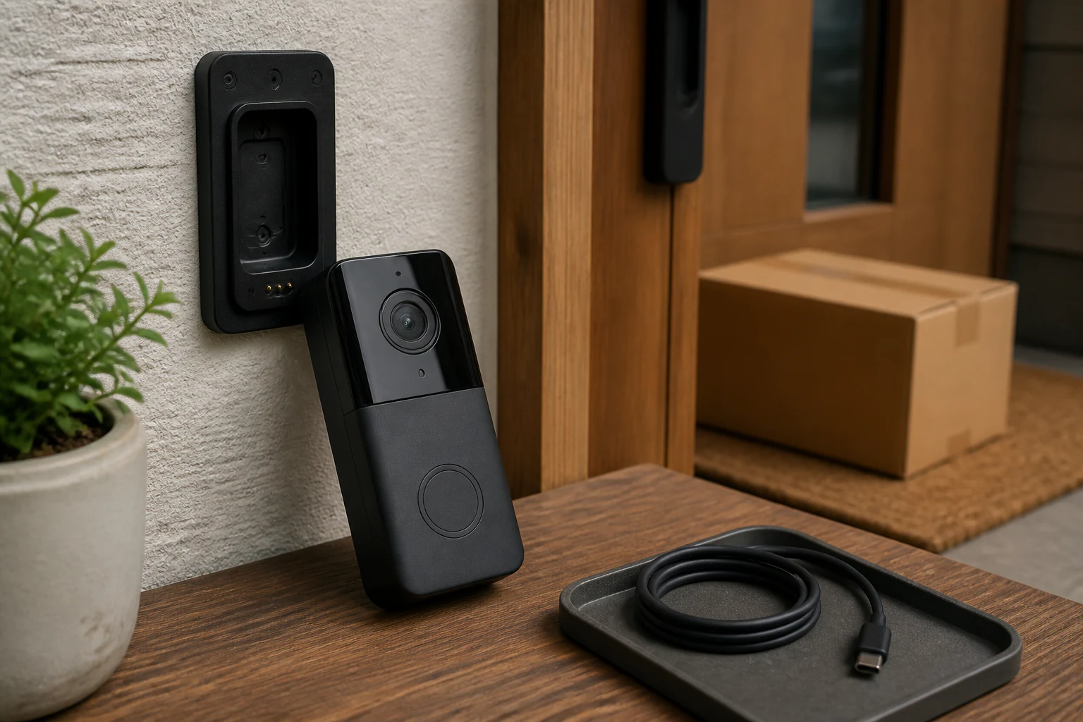 玄関のスマートドアベルを取り外して充電する定期メンテナンスのイメージ