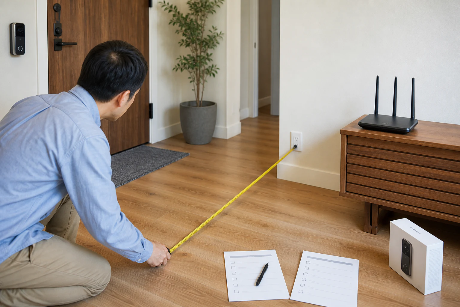 玄関とルーターとコンセントの距離を測りながら購入条件を整理するイメージ