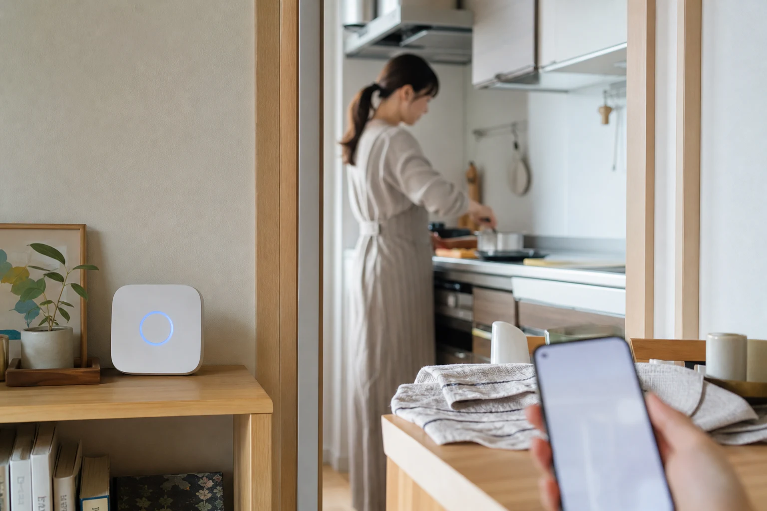 別室にいる家族が玄関の呼び出し音やスマートフォン通知に気づく室内の様子