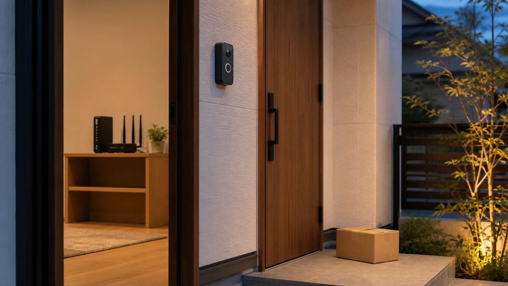 置き配の荷物を確認する玄関と室内のネットワーク機器を比べるイメージ