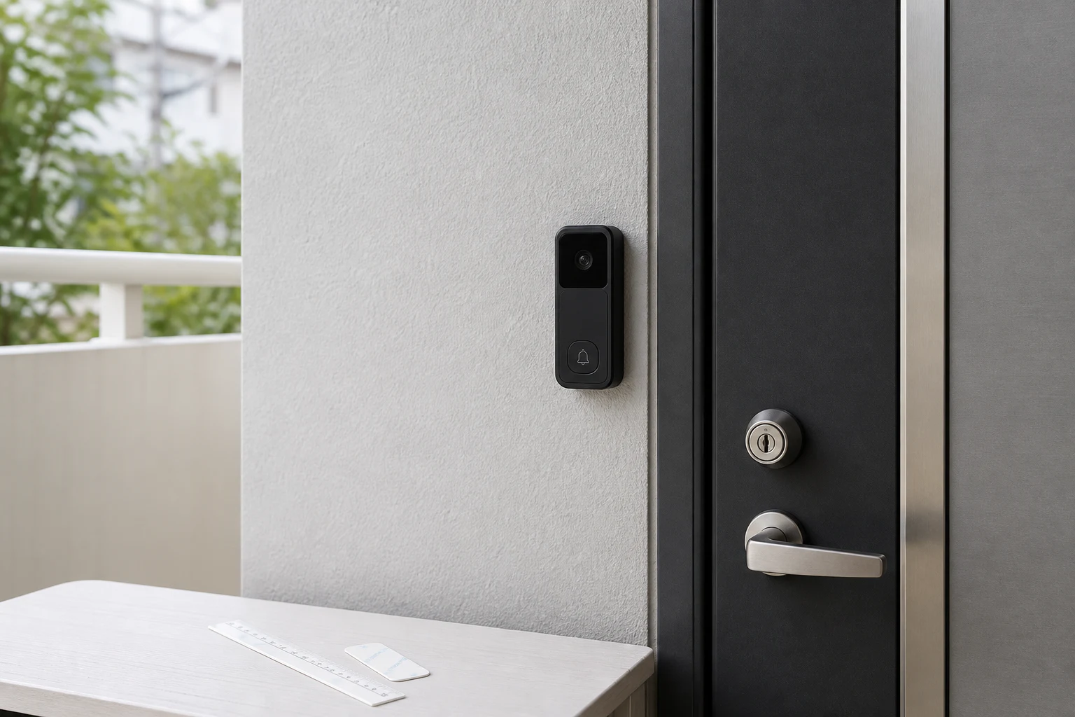 賃貸の玄関で粘着設置と撮影範囲を確認するイメージ