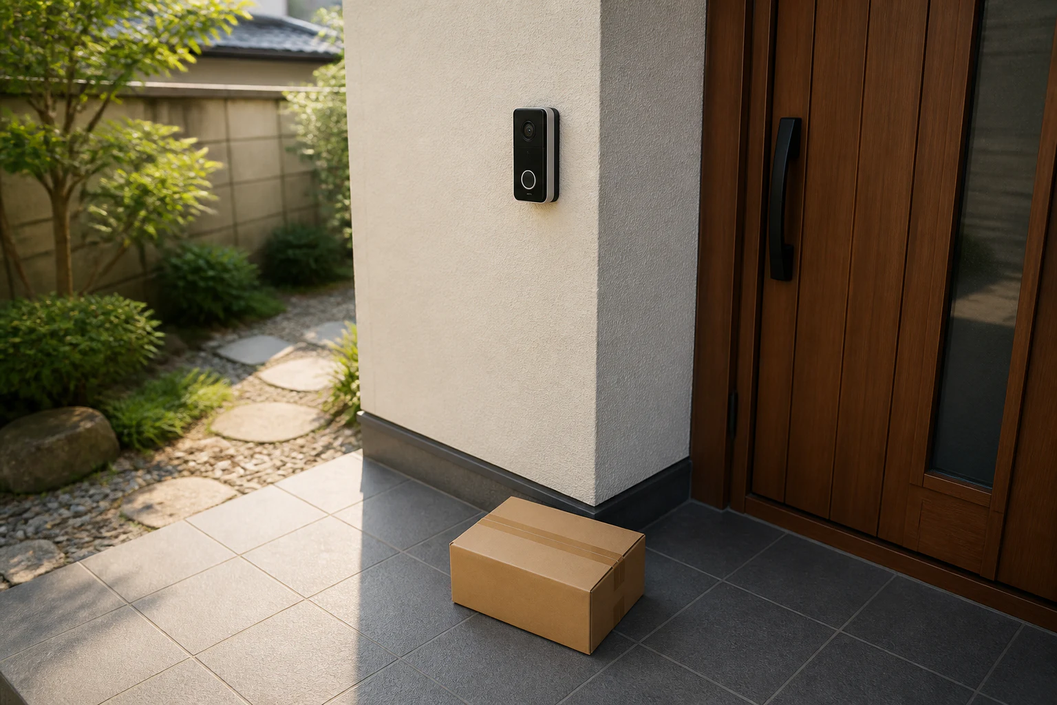 訪問者の顔と玄関前の荷物を異なる画角で確認するイメージ
