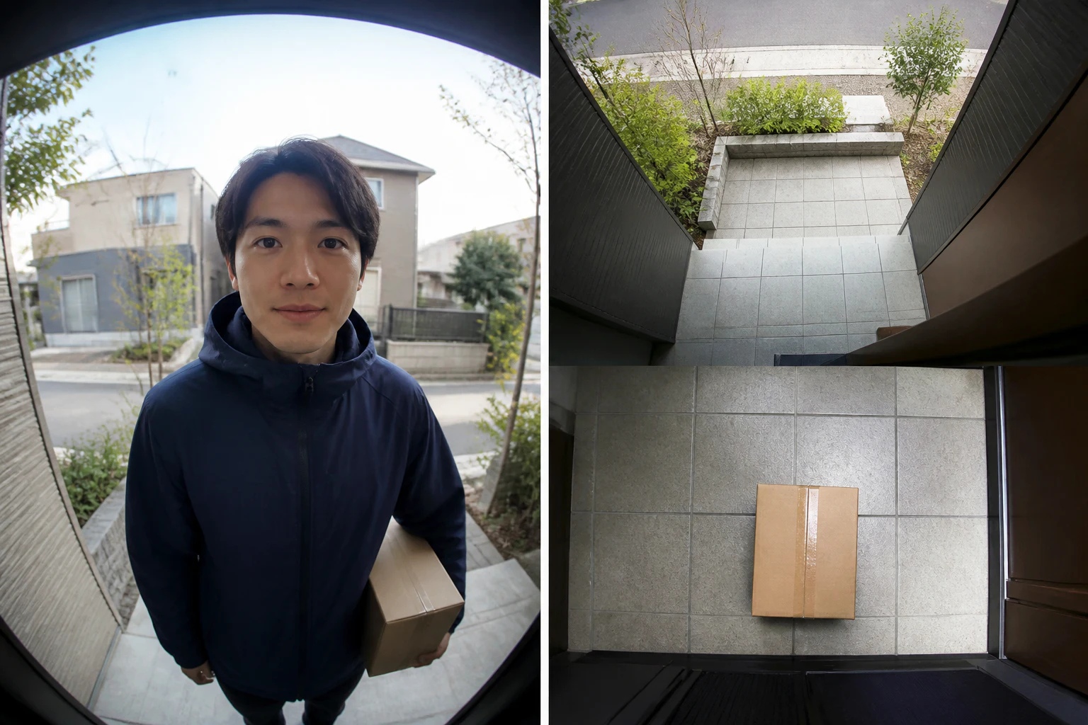 置き配の荷物を確認する玄関と室内のネットワーク機器を比べるイメージ