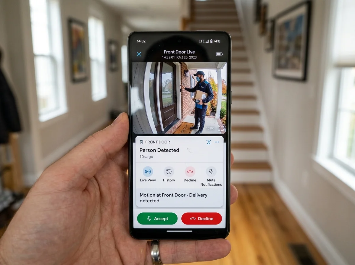 スマートフォンに届くドアベルの通知画面