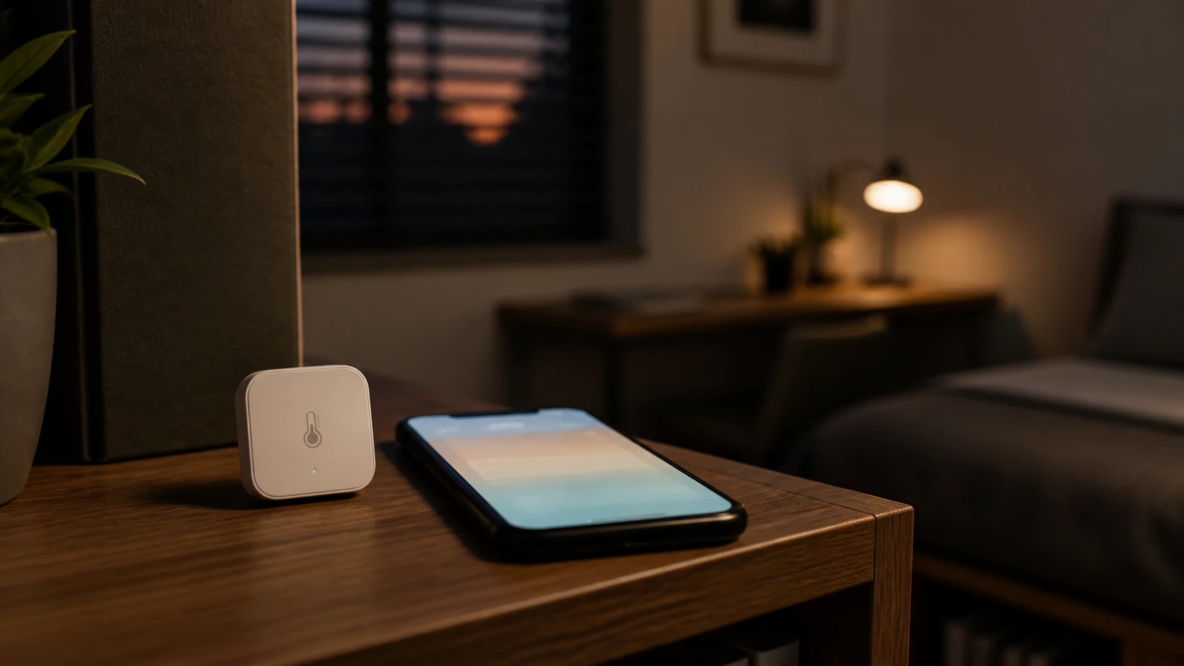 寝室の棚でBluetooth温湿度計とスマートフォンの履歴を確認するイメージ