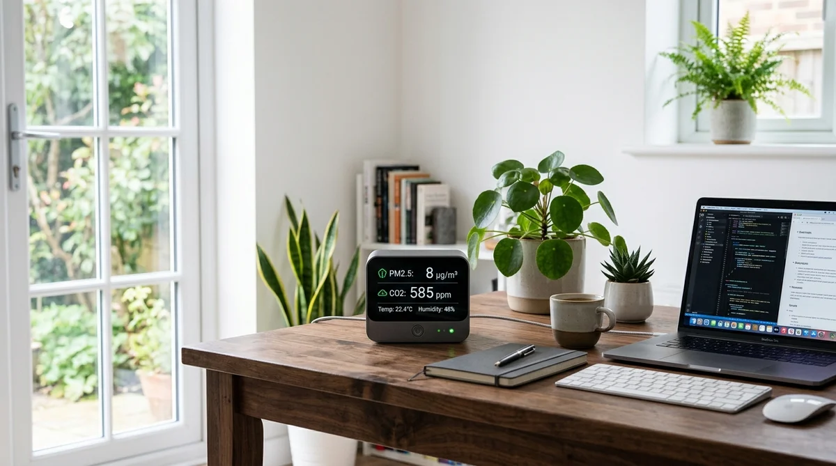 デスク上に置かれた空気質センサーがCO2濃度を表示している様子