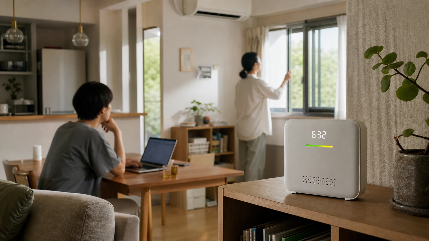 空気質モニターの表示をきっかけに家族が窓を少し開ける日本のリビング