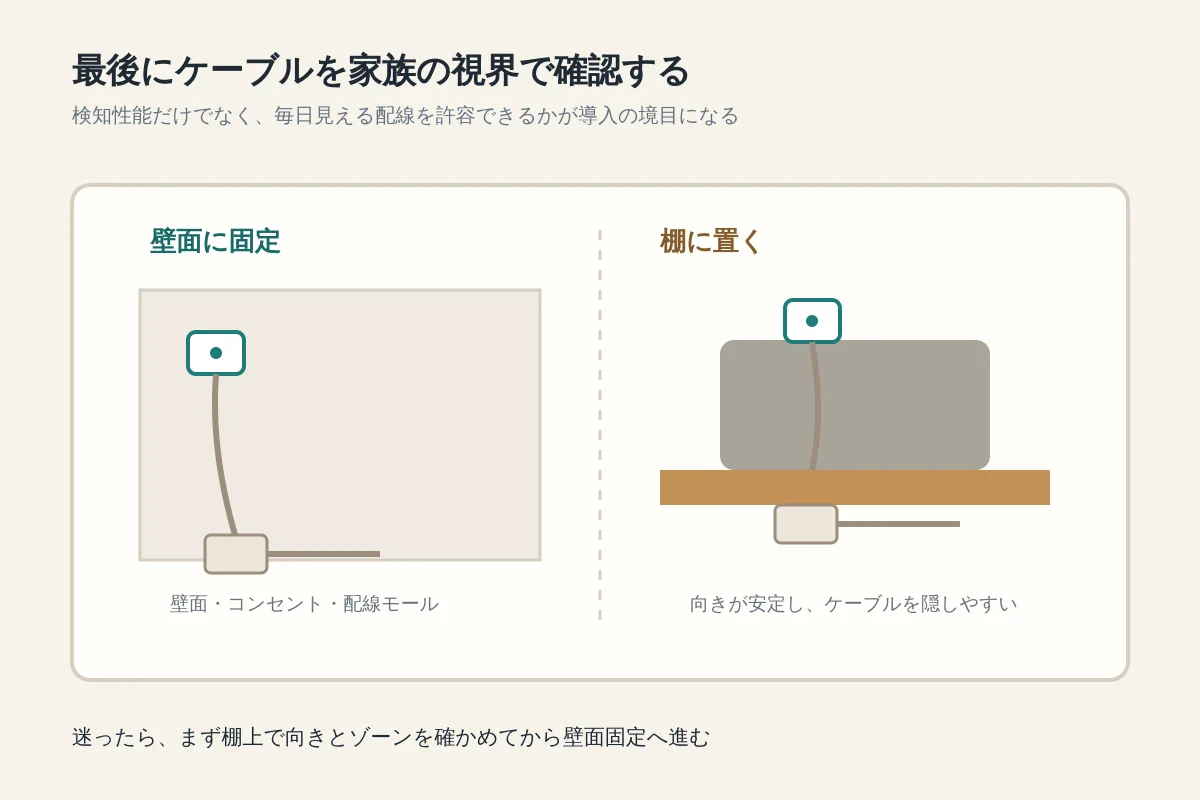 FP2を壁面固定する場合と棚に置く場合のケーブル処理を比べる図