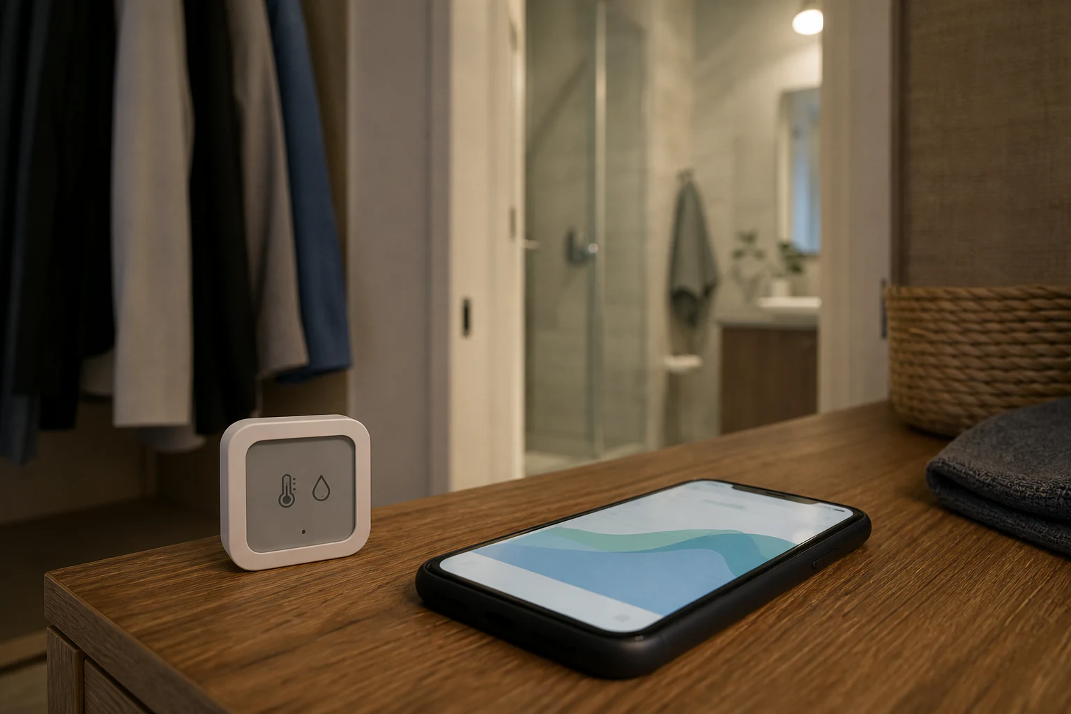 脱衣所の棚に置いた小型センサーと近くのスマートフォンで履歴を確認するイメージ