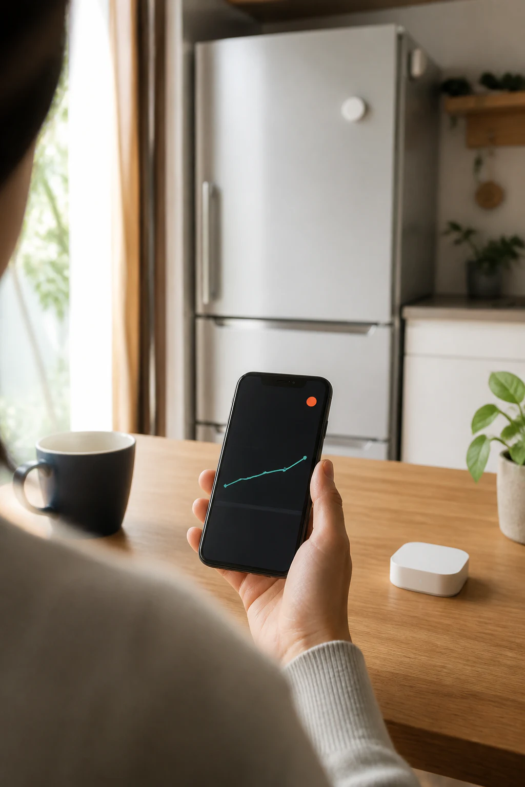 冷蔵庫の温度グラフをスマートフォンで確認する場面
