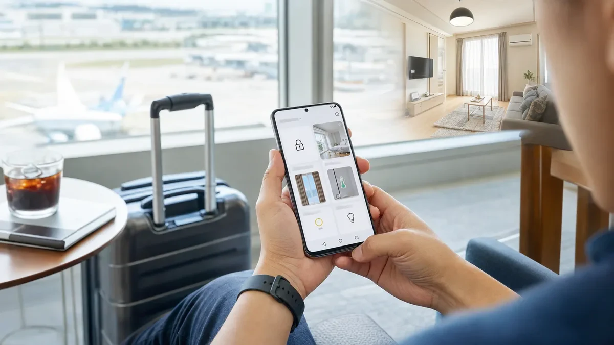 外出先から家の状態を確認するスマートホームの場面