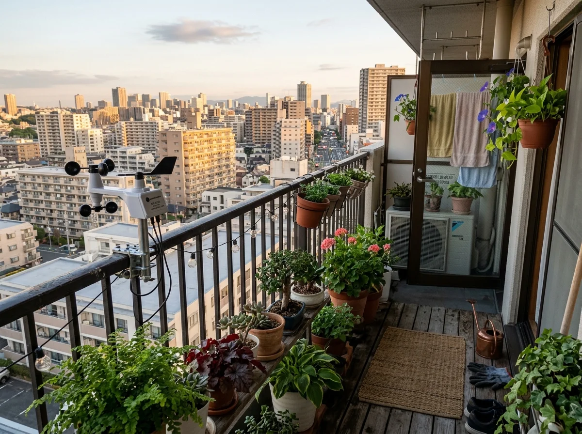 ベランダに設置した防水温湿度計