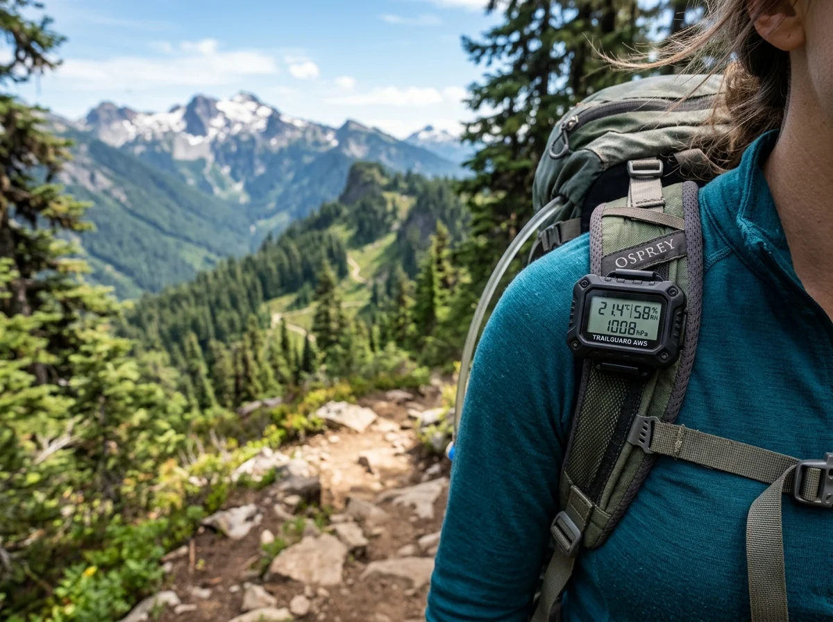 キャンプ場でのバックパックに装着した防水温湿度計