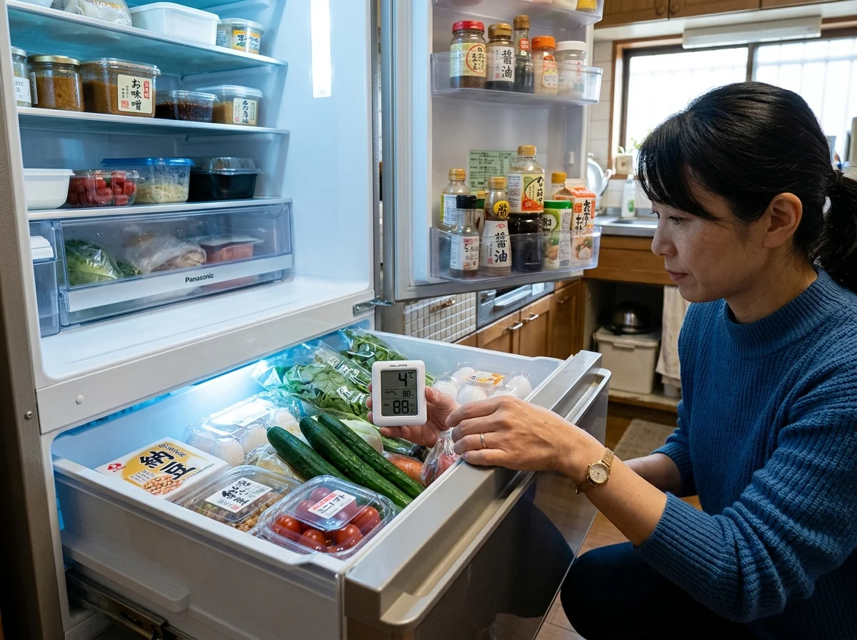冷蔵庫内に設置した防水温湿度計