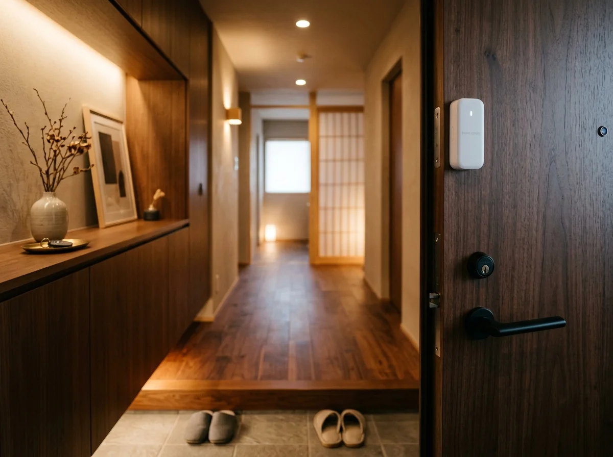 SwitchBot開閉センサーが玄関ドア枠に設置された様子