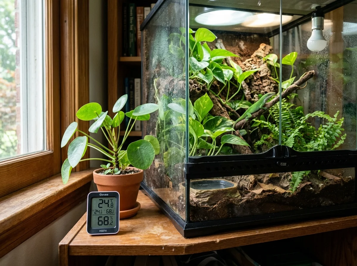 ペットケージに設置した温湿度センサー