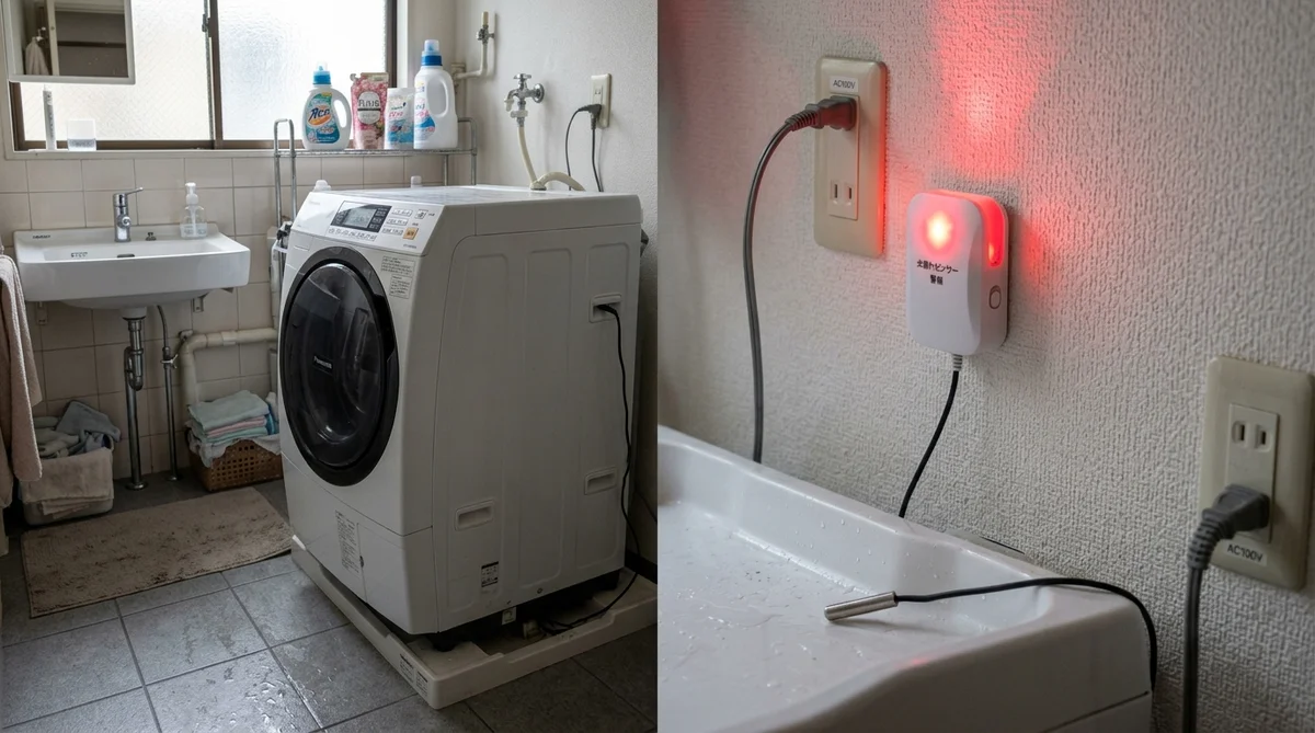 洗濯機横に設置された水漏れセンサーのLEDが警告で点滅している様子