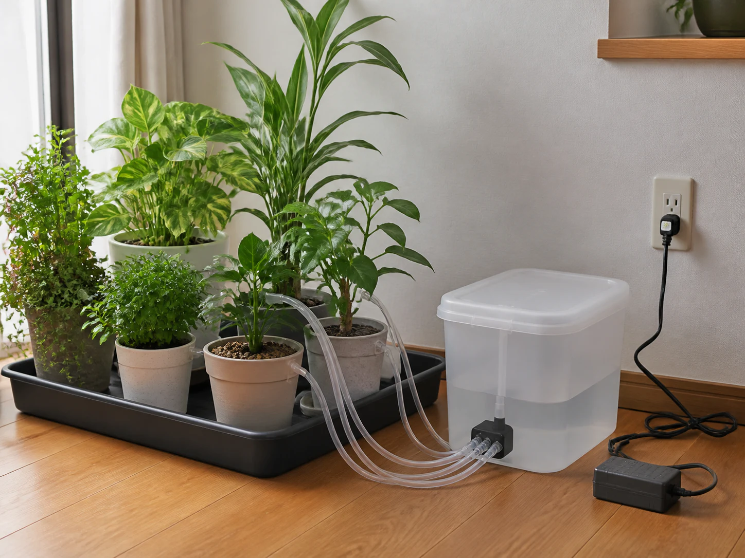 複数の鉢へタンクからチューブで給水する構成