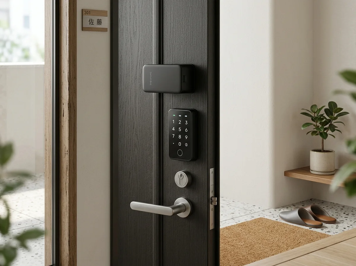 SwitchBotスマートロックが設置された玄関ドア