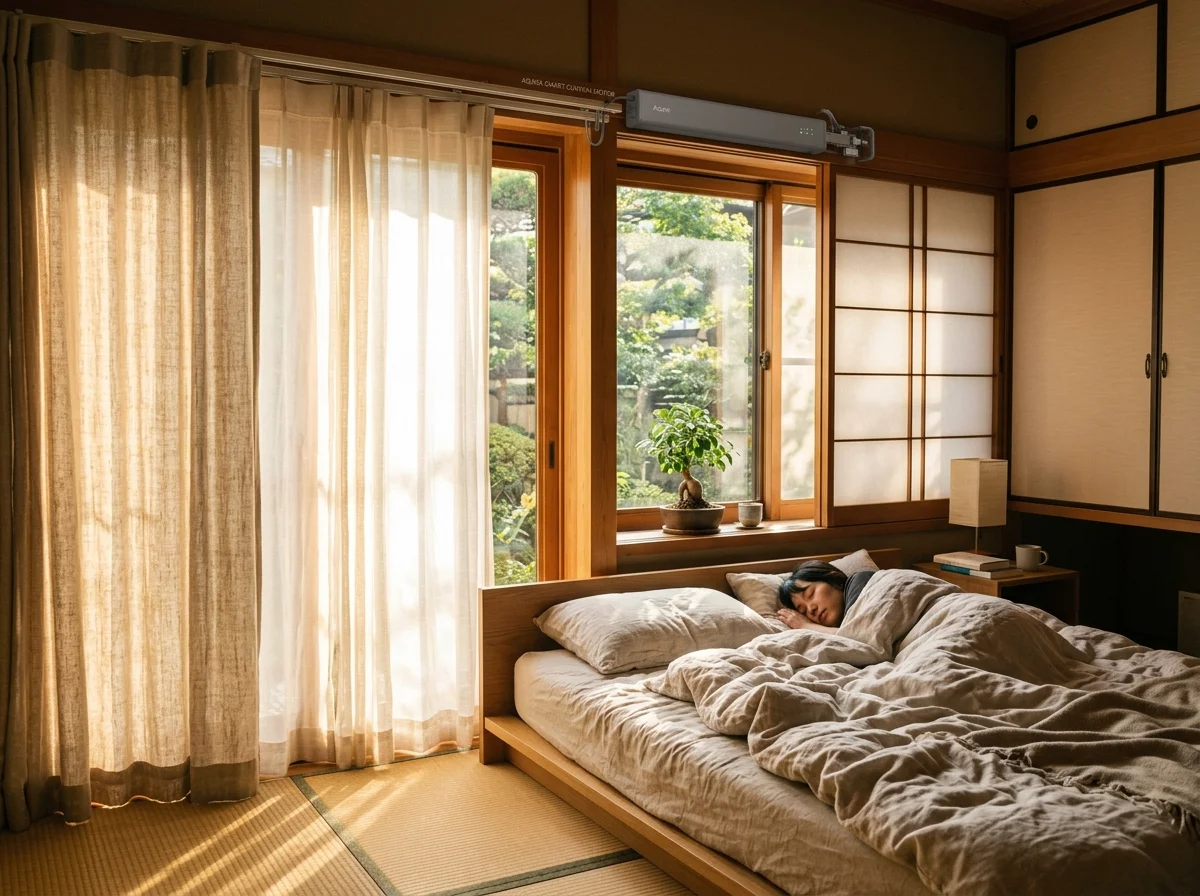 朝日が差し込むスマートカーテンの部屋