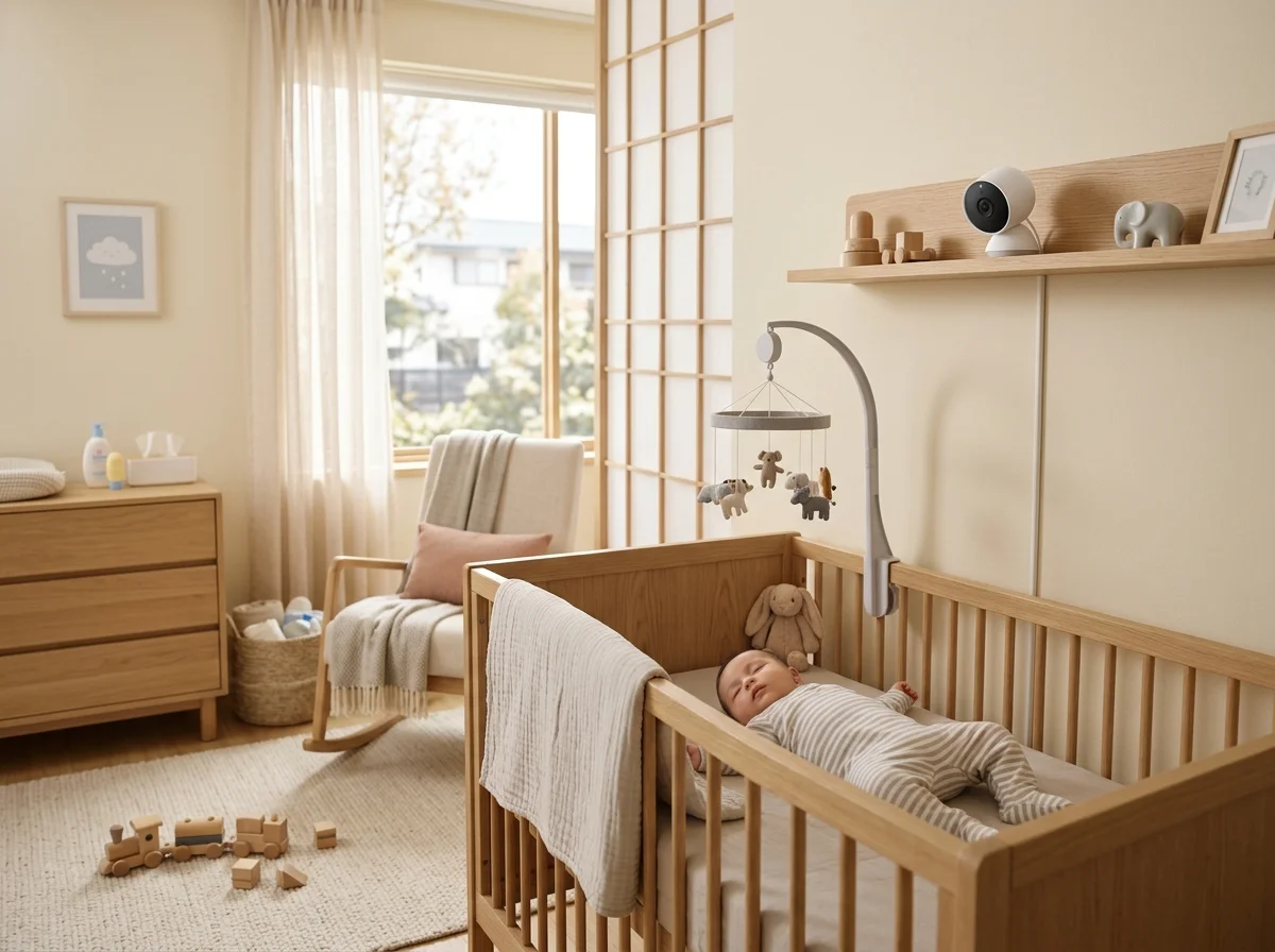 SwitchBot見守りカメラが設置された赤ちゃんの寝室