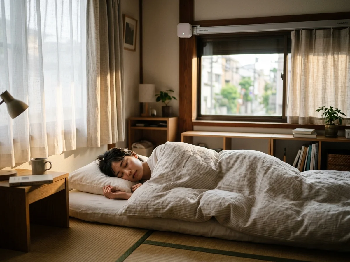 朝日が差し込む寝室とSwitchBotカーテン