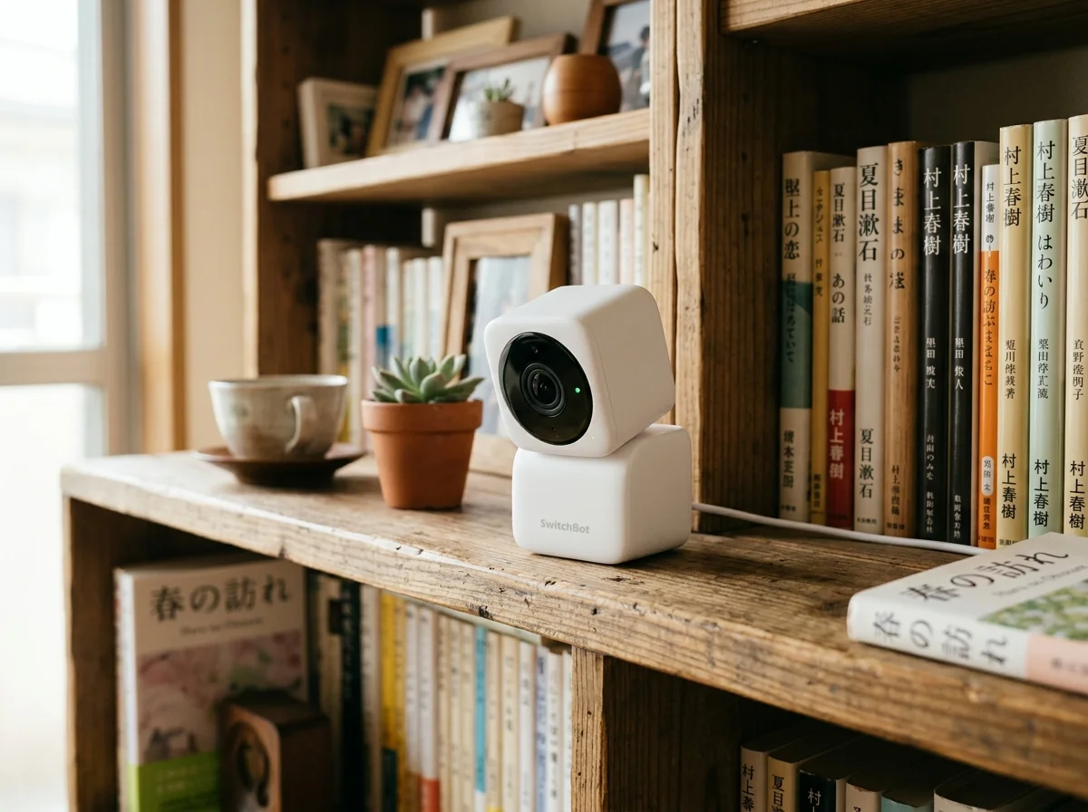 見守りカメラが設置された明るいリビング