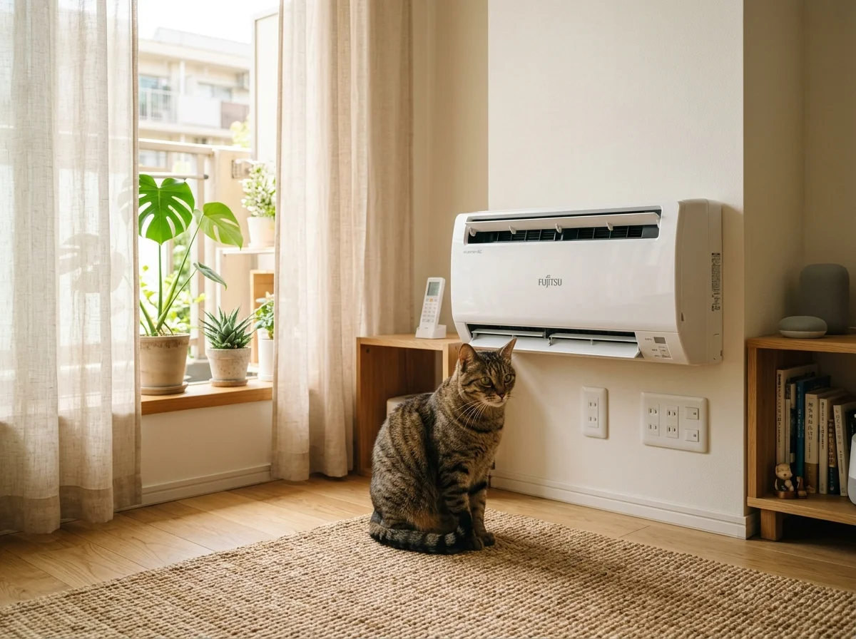 エアコンの近くでくつろぐ猫