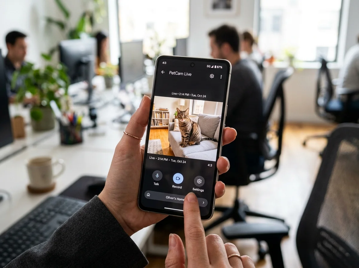 スマートフォンで見守りカメラの映像を確認する様子