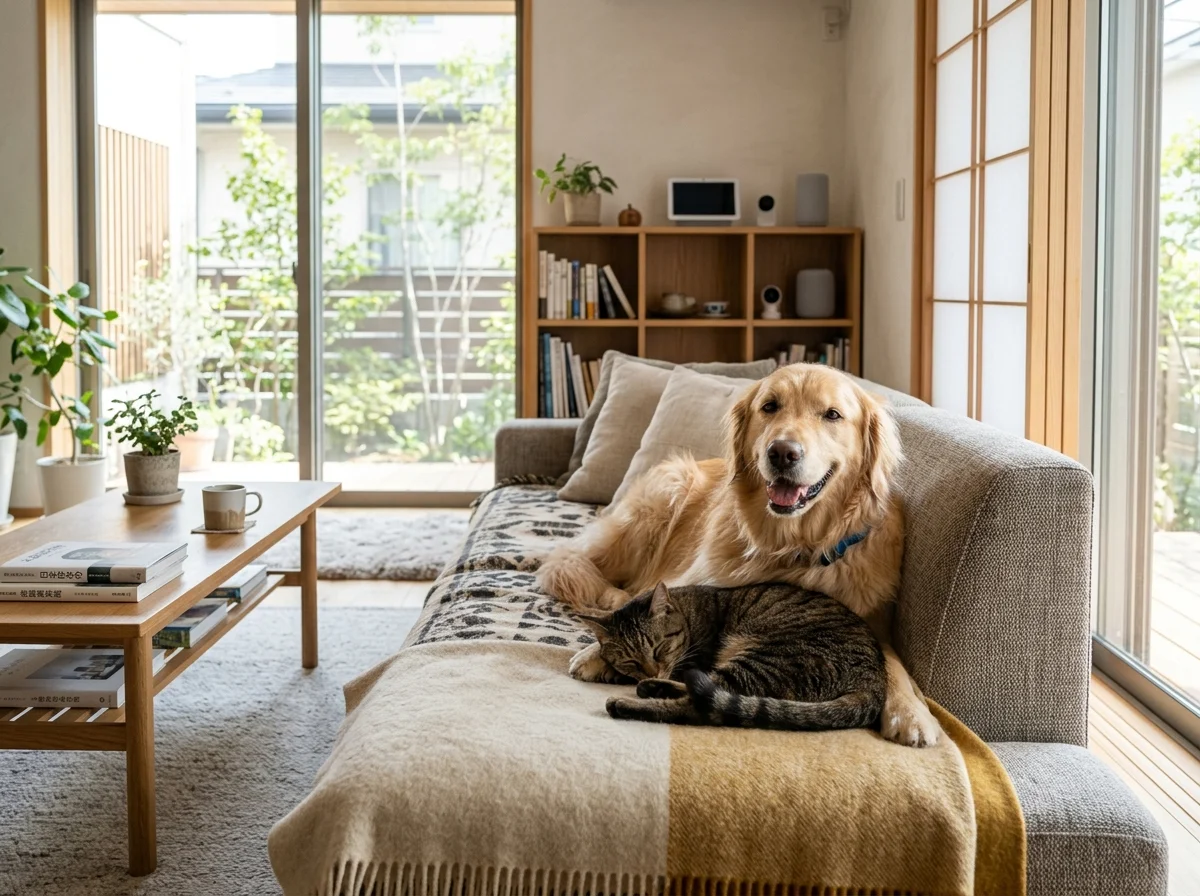 犬と猫がソファでくつろぐリビング