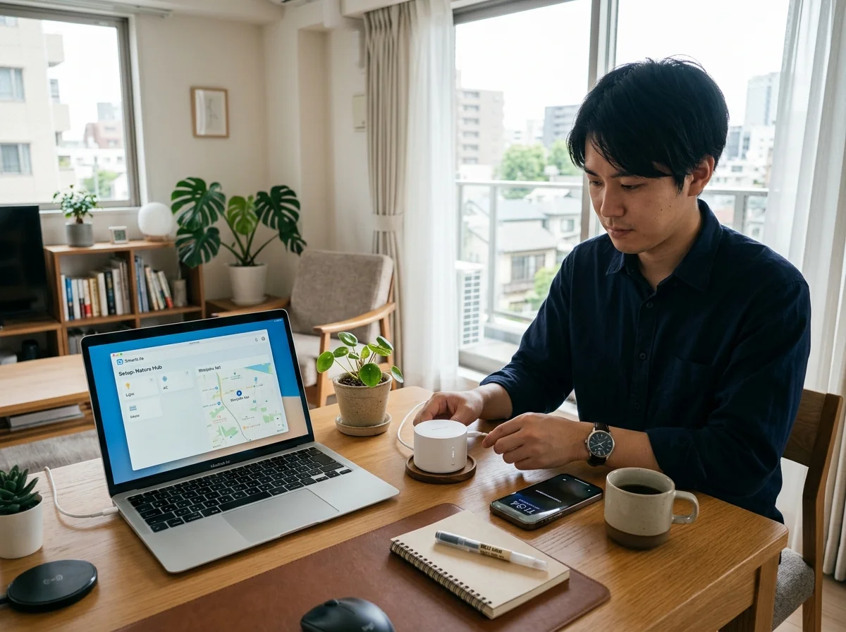 スマートホーム管理画面を見る人とペット