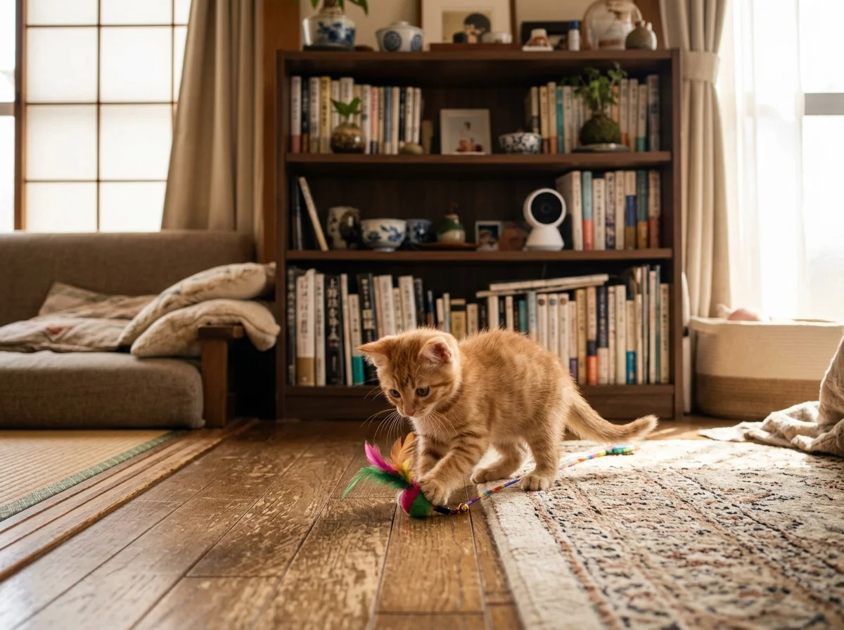 子猫が遊ぶリビング