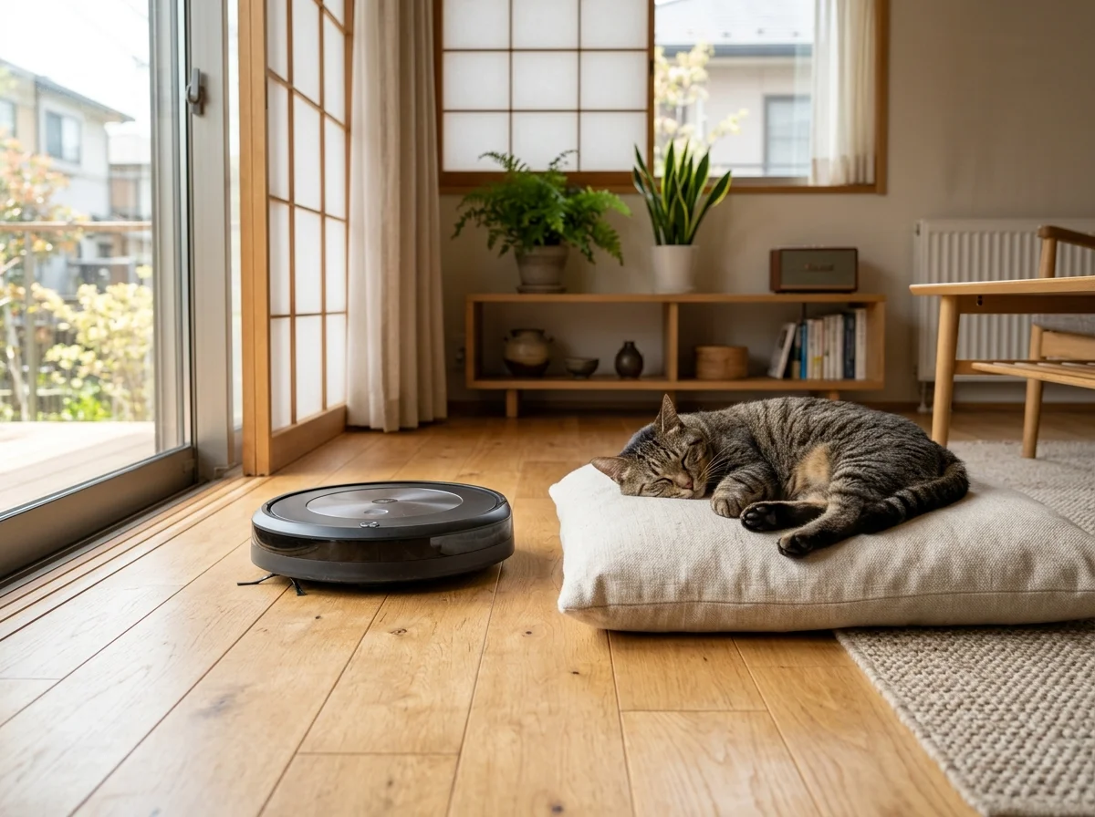 ロボット掃除機と猫が同居するリビング