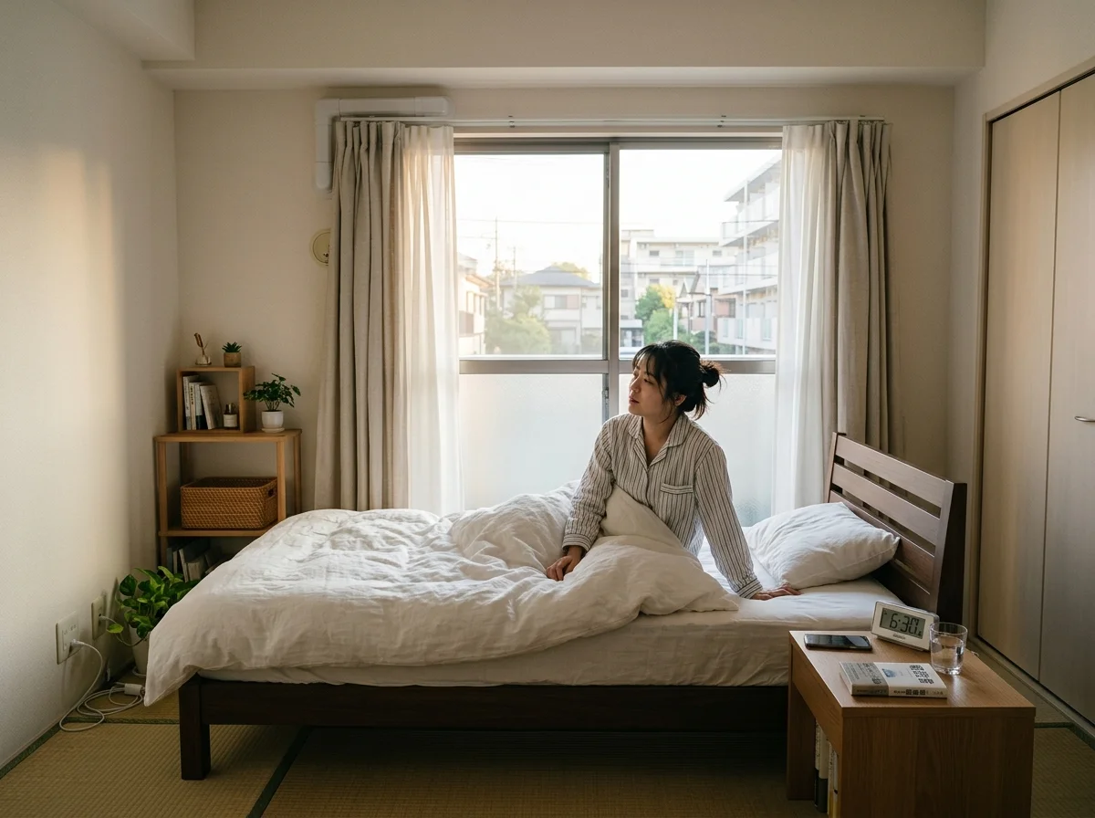 朝の自動カーテンが開いた寝室