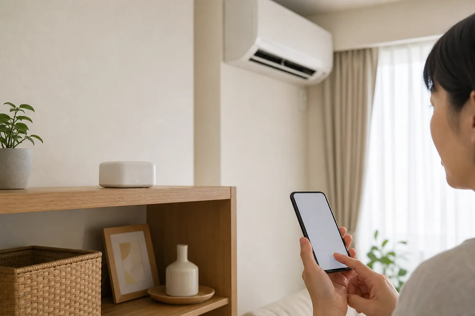 カメラやセンサー、ハブを置いた棚を確認する場面