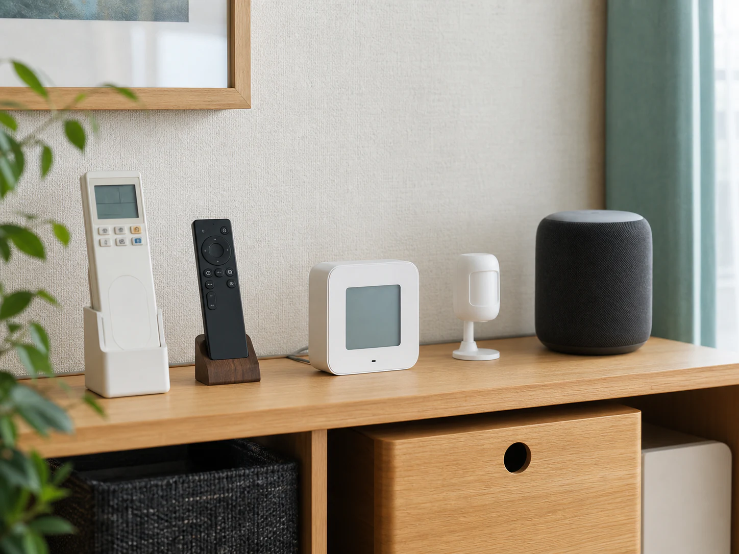 棚の上にハブとスマートホーム機器をまとめた場面