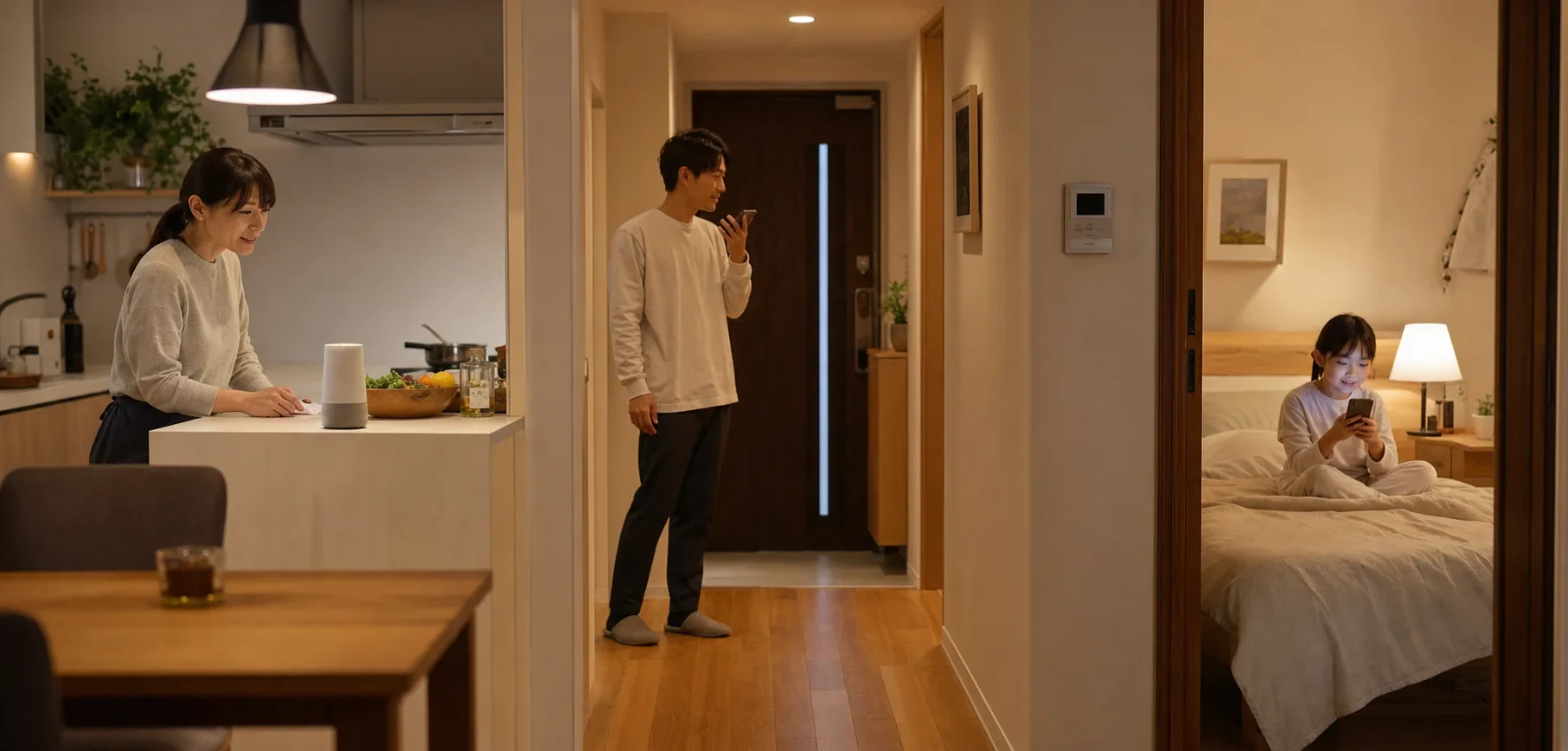 家の間取りと複数のスマートホーム機器を見比べる場面