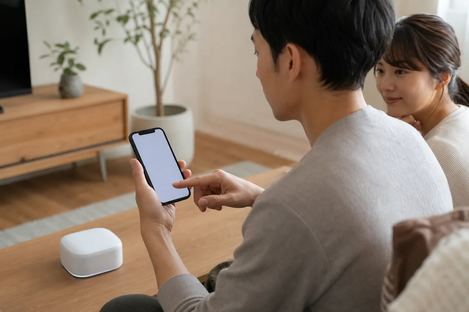 家族がスマートフォンでホームアプリを確認する生活場面