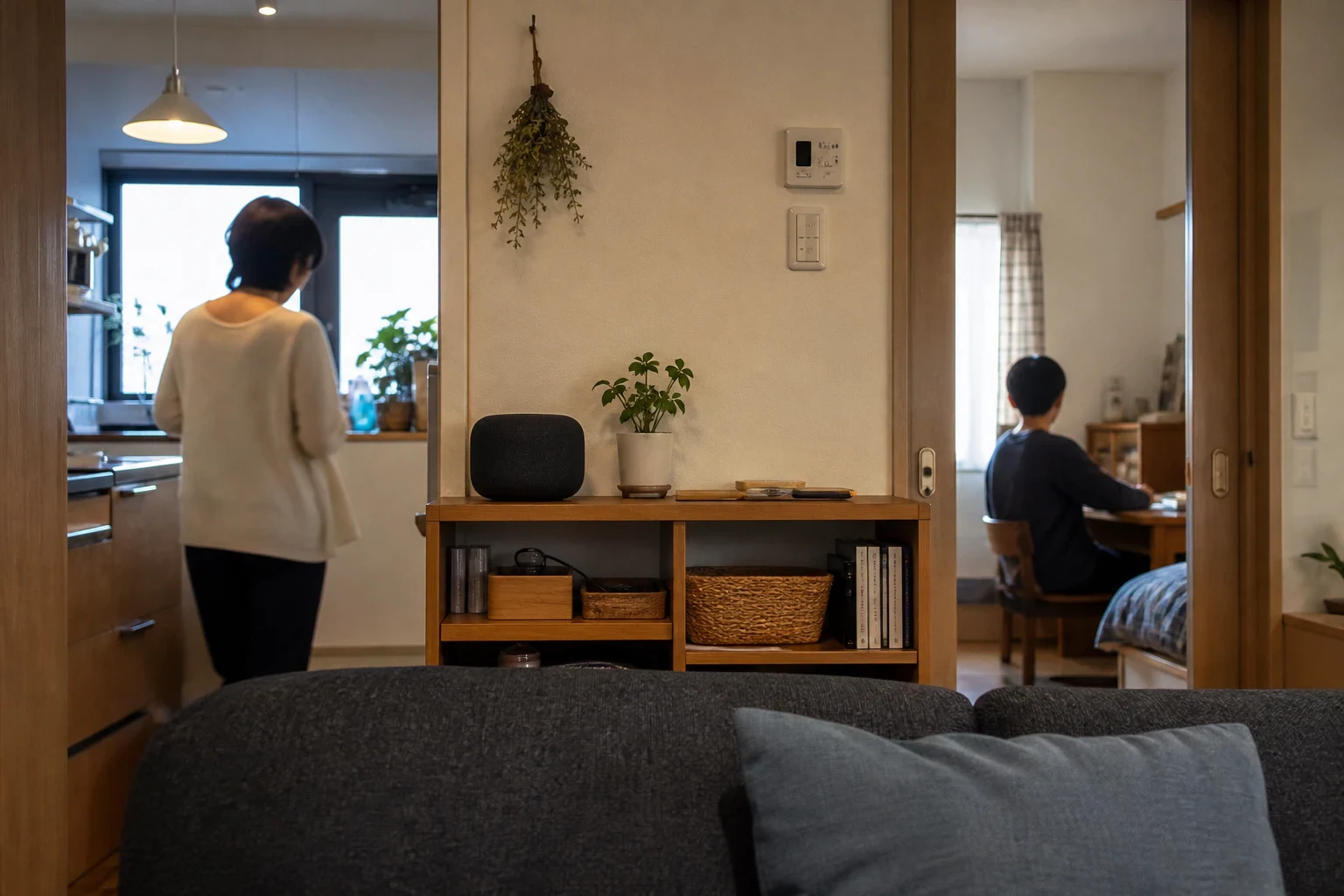 リビングの棚に置いたEcho Dotから洗濯終了を家族へ知らせるイメージ